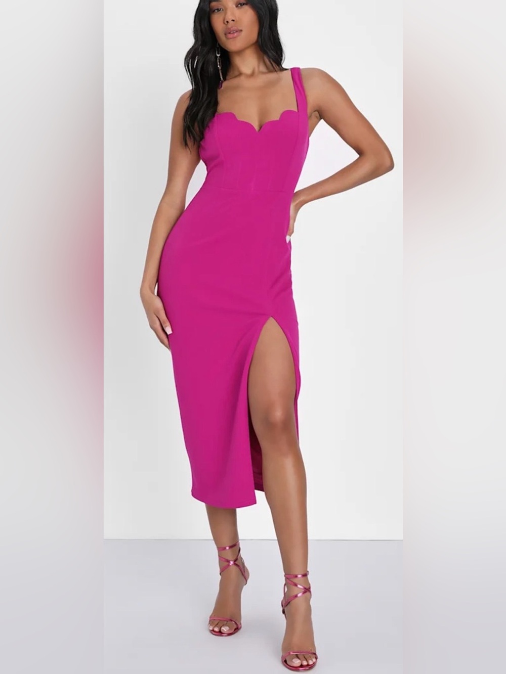 NWT Lulus Scalloped Neck Bodycon Magenta Midi Dress SZ L